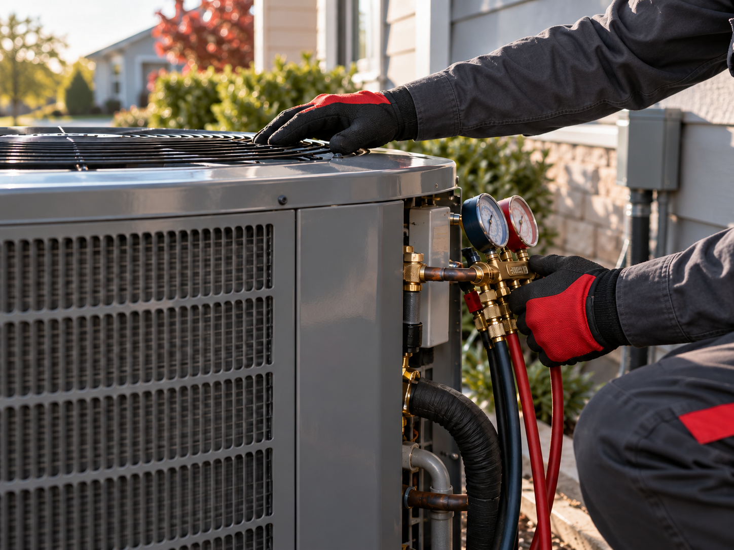 Technician checking an outdoor air conditioning unit