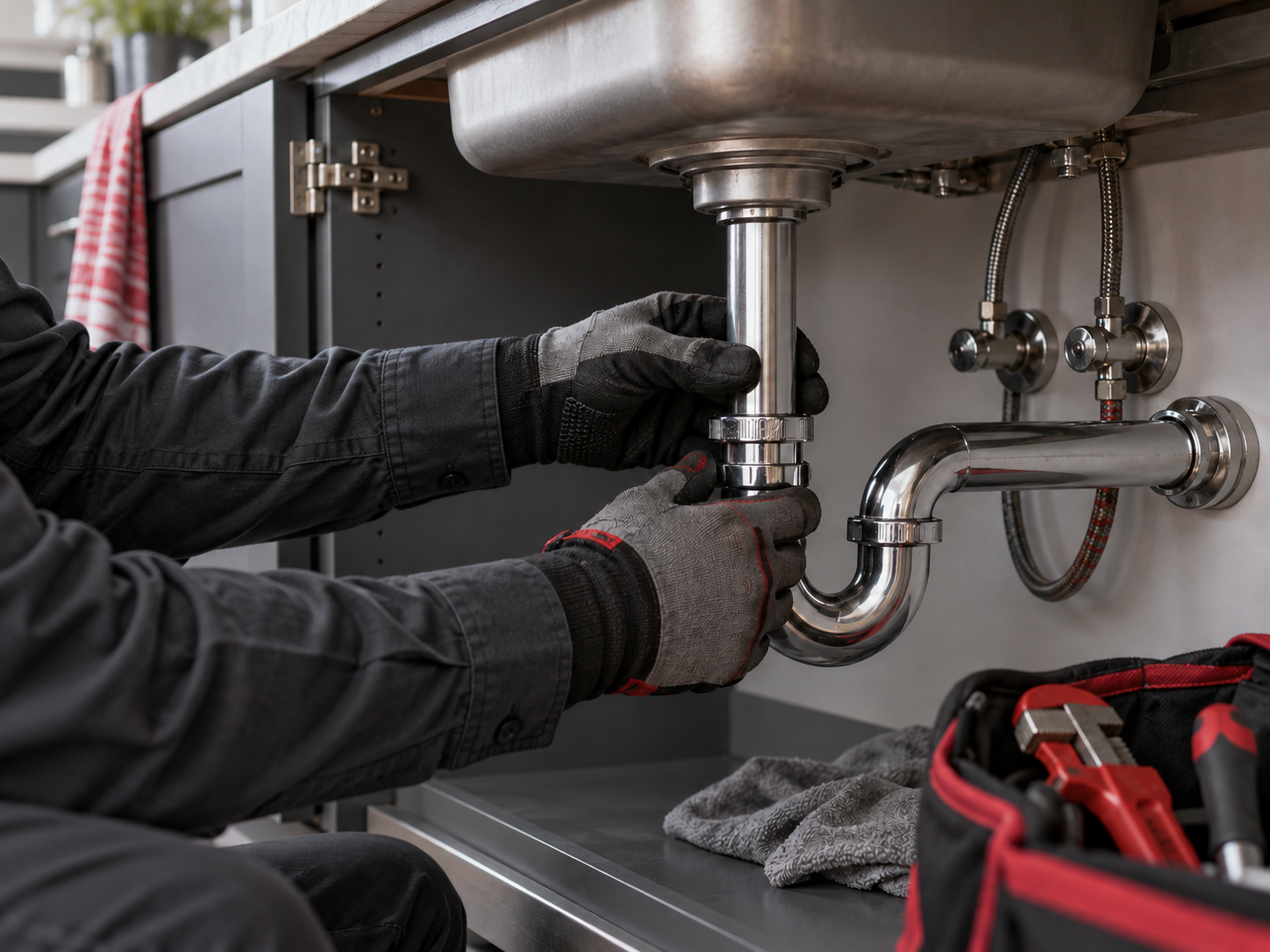 Plumbing work under a kitchen sink